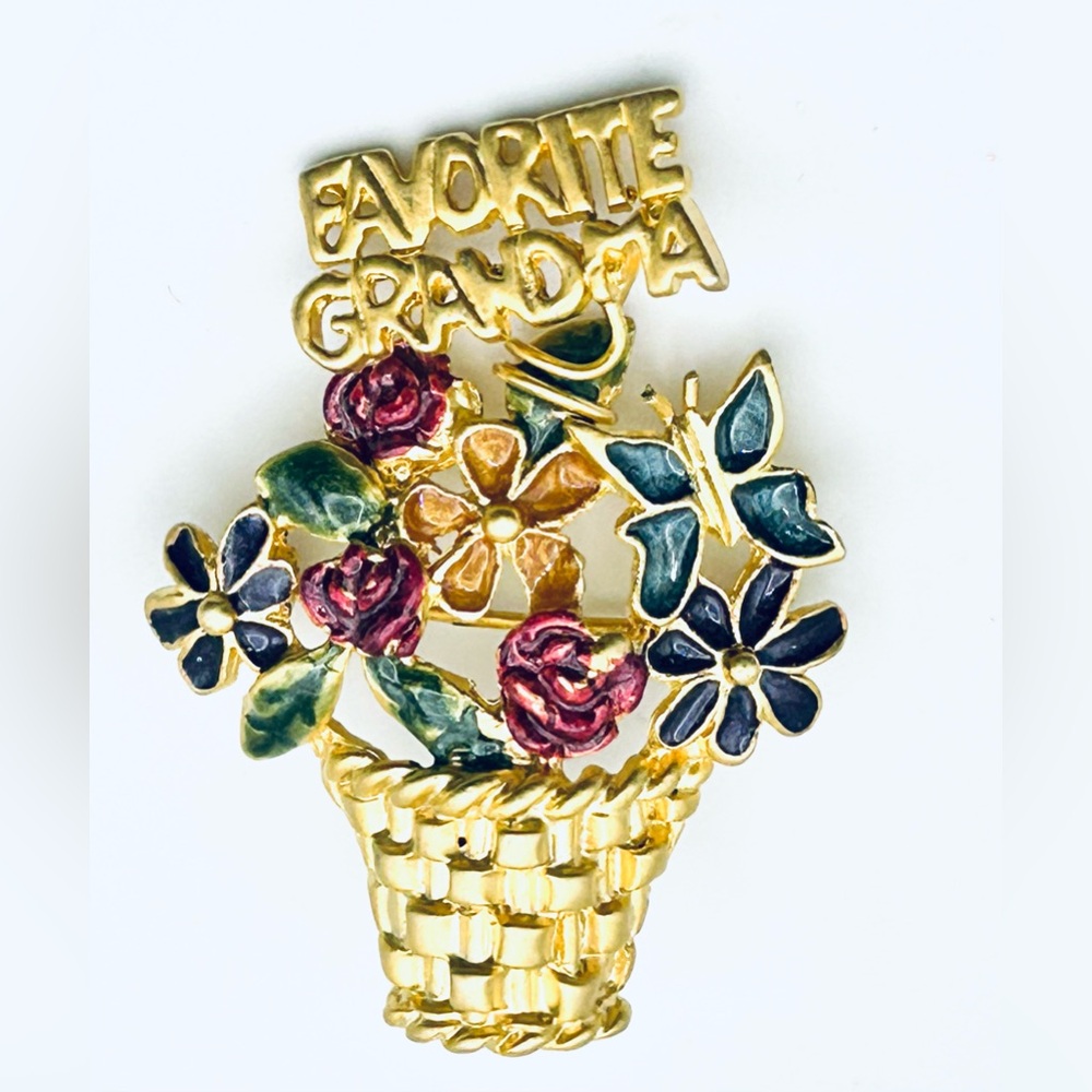 Favorite Grandma Brooch Pin with a basket of Spring flowers